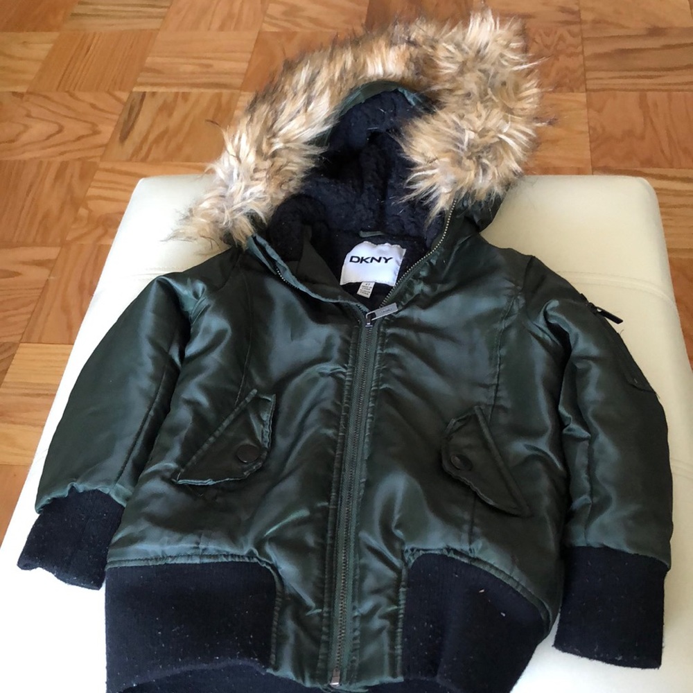 Girls DKNY Hooded Bomber Jacket with Fur Trim